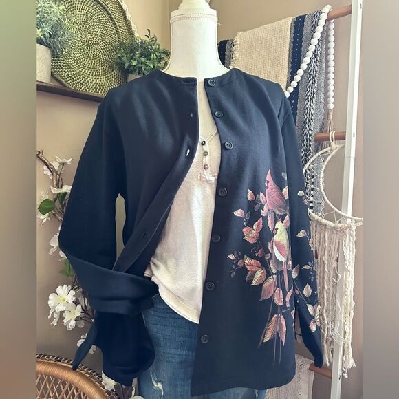 New with tags VTG Deadstock Artisans Inc. Black Cardinal Leaves Cardigan Sweater - Picture 2 of 11